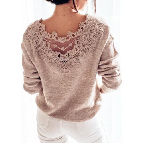 Autumn Womens Clothes Sexy Elegant Lace Stitching Backless Pullover Woman Sweater Long Sleeve Jumper Top Knitted Sweater Bodycon