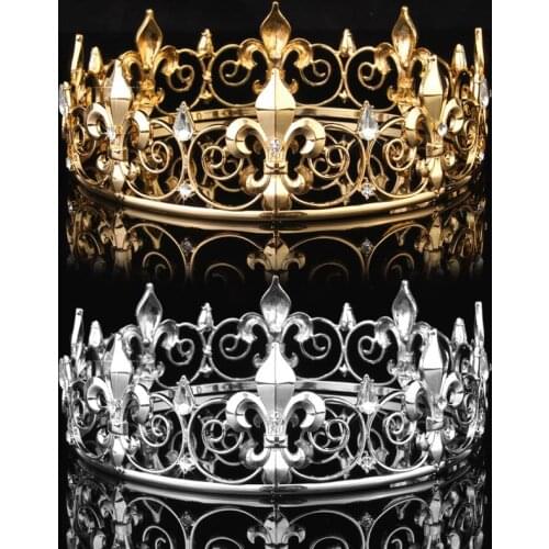 Baroque Vintage Full Circle Gold Prom Accessories King Mens Crown Round Imperial Medieval Gold Man Rhinestone Tiara