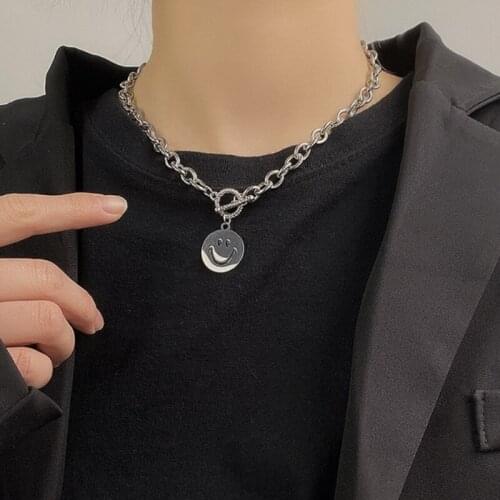 U-Magical Hiphop Stainless Steel Round Smile Face Chokers Necklace for Women Hollow Chunky Chain Toggle Clasp Necklace Jewelry