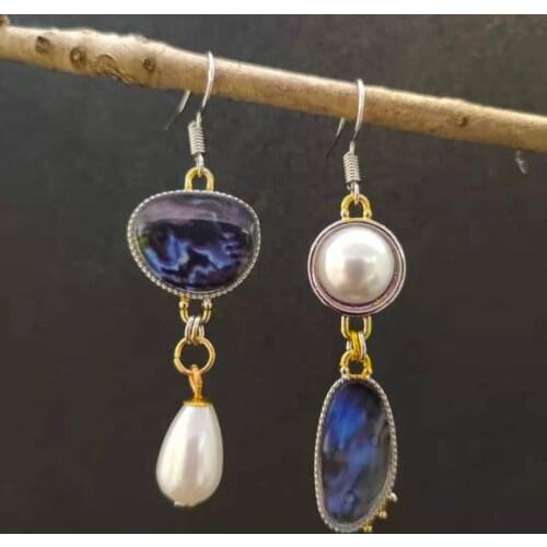Vintage Deep Blue Stone Pearl Long Drop Earrings for Women Asymmetry Jewelry Gold Silver Color Brincos Statement Dangle Earring
