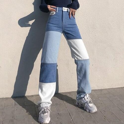 Women’s Korean Style Wide Leg Pants Patchwork Denim Jeans Fashion Contrast Color Stitching High-waist Long Pants with Pocket
