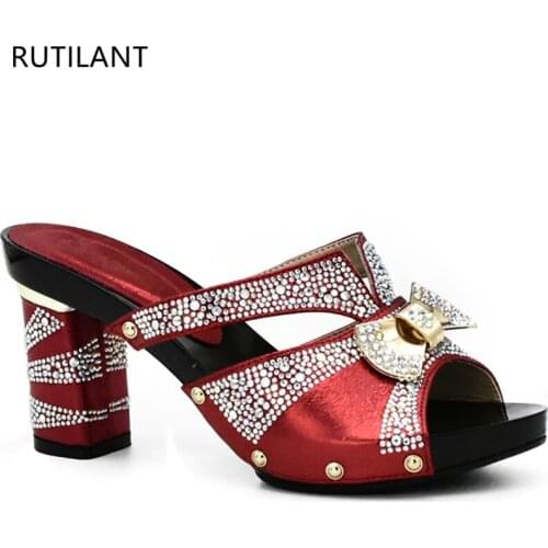 Red Color Rhinestone Women Wedding Shoes High Quality African Paty Shoes Open Toe Sexy Ladies Shoes Italian Women Wedding Pumps