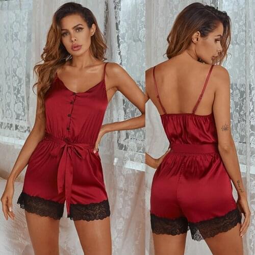 Women Sexy Lingerie set Lace Crop Top Jumpsuit Onesie shorts pajamas Sleepwear Satin pijama Nightwear pyjama femme Night suit