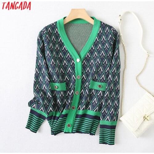 Tangada Women Elegant Green Diamond Pattern Cardigan Vintage Jumper 2021 Crop Knitted Cardigan YU89