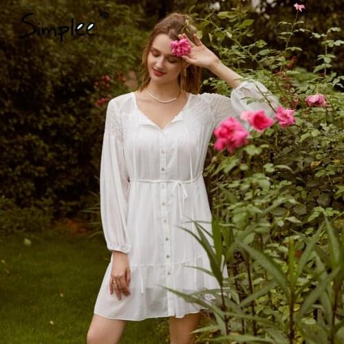 Simplee women v-neck striped ruched solid white midi dress Long sleeve sexy lace dress winter dress Elegant party dress 2020