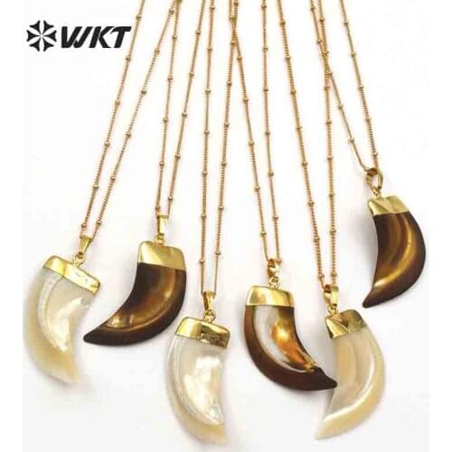 WT-JN053 WKT Natural shell necklace high quality natural shell horn shape pendant with 18"inch gold color chain for women gift
