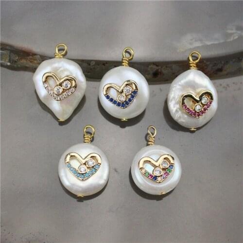 10-20mm 10pcs/lot Cubic zirconia micro pave charm ,freshwater pearl with heart shape cz charm pendant,jewelry cheap component