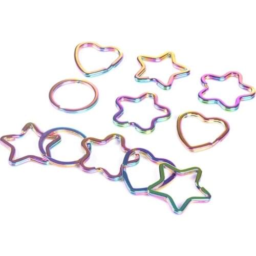 10pcs Rainbow Split Ring Heart Star Keychains Metal Key Chain Ring Split Rings Unisex Keyring Keyfob Accessories DIY