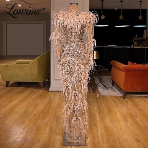 2020 Feather Evening Dress Sequins Dresses Woman Party Night Caftan Mariage Abendkleider Arabic Long Sleeves Illusion Prom Dress