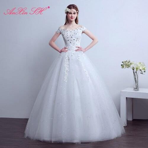 AXJFU princess white lace flower wedding Dress vintage boat neck beading crystal white party wedding dress