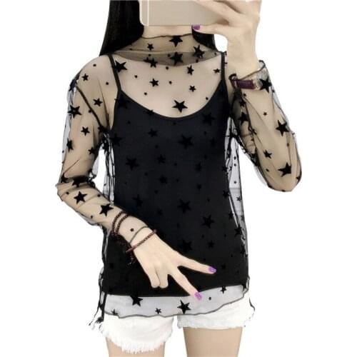 INDJXND Mesh Tops Harajuku See Through Blouse Hollow Transparent Long Sleeve Dot Net Heart Star Leaf Vertical Flower Clothes