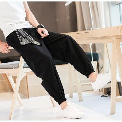 New Stylish Hot Sale Summer Loose Men Pants Wide Legs Stripe Print Calf Length Button Decor Baggy Harem Trousers Male HipHop Jog