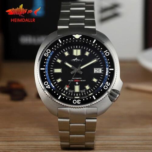 HEIMDALLR Mens Vintage Mechanical Watch 44mm Black Dial Sapphire NH35A Automatic Movement Watch 200M Waterproof Diver Watches