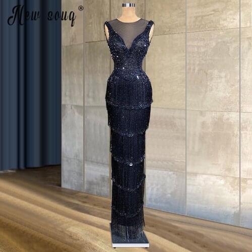 Black Middle East Mermaid Muslim Tassel Beading Evening Dresses Saudi Arabia Formal Prom Dresses Red Carpet Runway Gowns Robes