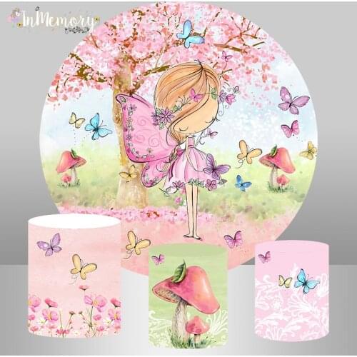 Girl Birthday Photography Round Backdrops Banners Watercolor Colorful Butterfly Fairy Circle Backgrounds Table Plinth Covers