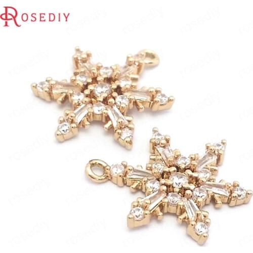 39567)6PCS 13x18MM 24K Gold Color Brass and Zircon Snowflake Charms Pendants Jewelry Making Supplies Diy Findings Accessories