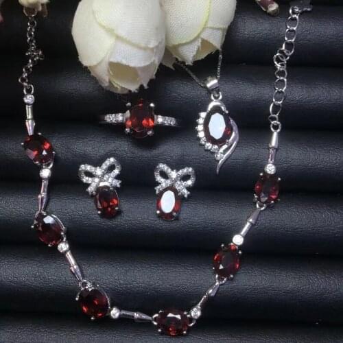 Natural red garnet gem ring Pendant Bracelet earrings Natural Gemstone Jewelry Set 925 Silver Elegant bowknot girl gift jewelry