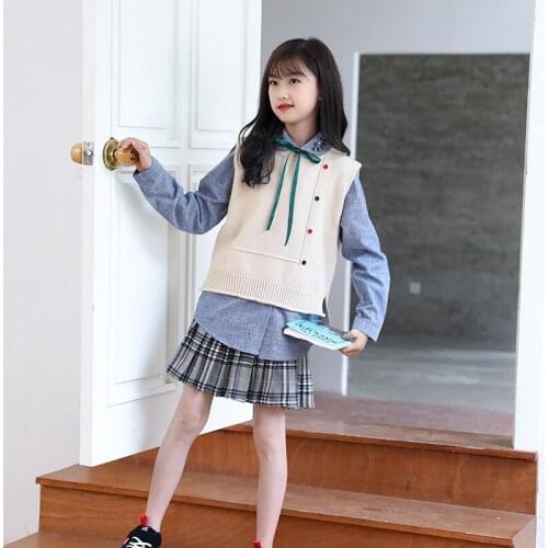 Girls Sets 2021 Fall Winter Teenage Girl Shirts And Vest And Skirts 3Piece Outfits Children Suits Clothing 6 8 10 12 14 16Year