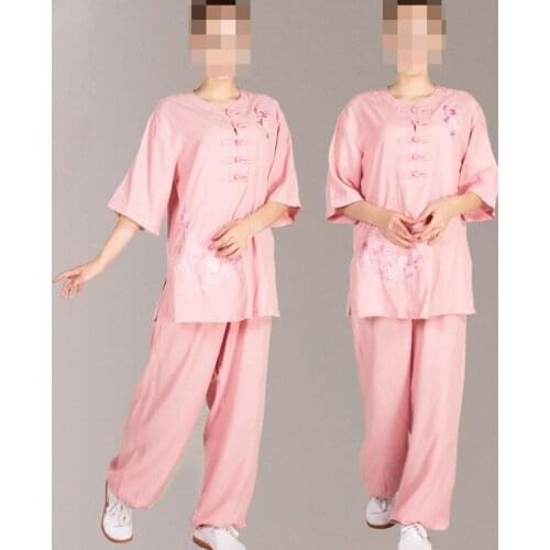Linen&cotton summer short sleeve embroidery tai chi suit wushu kung fu clothing martial arts uniforms purple/rose/red/pink
