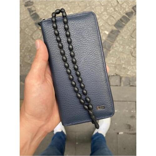 Karali Leather Phone Compartment Dark Blue Zipper Genuine Leather Wallet-kuka Rosary Gift