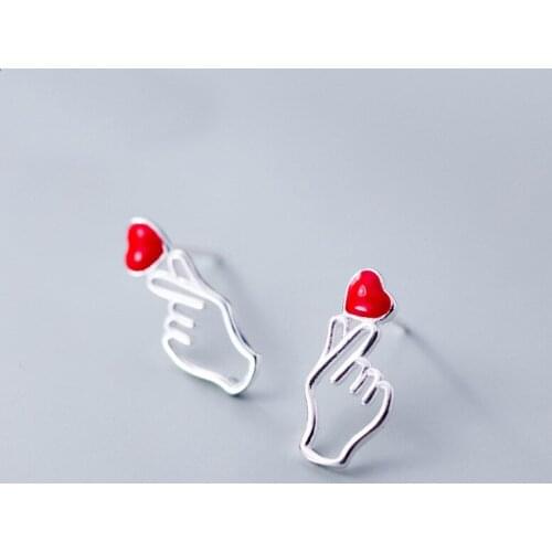 MloveAcc Hot Fashion 925 Sterling Silver Stud Earrings for Women Jewelry Exquisite Red Heart Hand Lady Valentines Day Accessori
