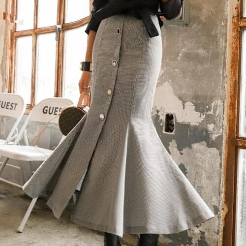 Fashion Long Mid-calf Skirt Women Plus Size ol Mermaid Style Ladies High Waist Plaid Skirts Single Breasted
