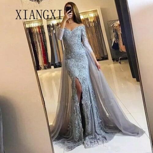 2020 Muslim Evening Dresses 2020 Mermaid 34 Sleeves Lace Beaded Slit Tulle V-Neck Dubai Kaftan Saudi Arabic Long Evening Gown