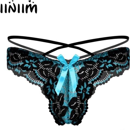 Mens Lingerie T-back Thongs Sissy Underwear Hollow Out Floral Lace Panties Bowknot Decor G-string Briefs Low Waist Underpants