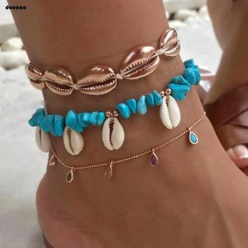Docona Boho Shell Colorful Crystal Anklet Set for Women Multilayer Elastic Blue Stone Foot Chains Beach Jewelry Tobilleras 7073