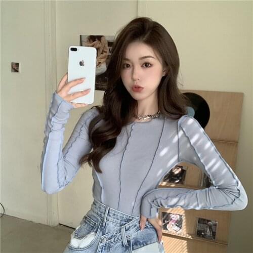 Autumn Womens Clothing 2021 New Korean Version Of Open-Line Niche Design Solid Color Bottoming Shirt All-Match Slim Long-Sleeve