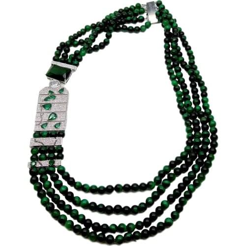 YYGEM Clear cubic zirconia Pave connector 20" 4strands 6mm Round Green Tigers-Eyes choker Necklace for party office for women