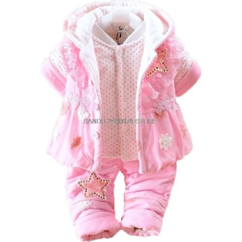 Newborn Baby Girls christmas Flannel snowsuit parkas clothing set winter Thick warm Vest Coat + Tops + Pant infant clothes set
