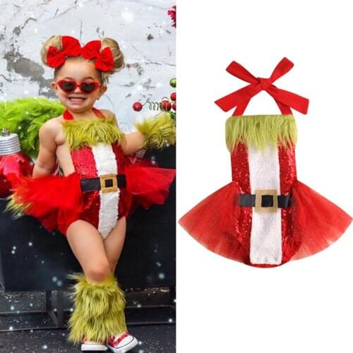 FOCUSNORM Christmas Lovely Baby Girls Romper Dress Outfits 0-24M Sequined Patchwork Sleeveless Fur Lace Tutu Jumpsuits