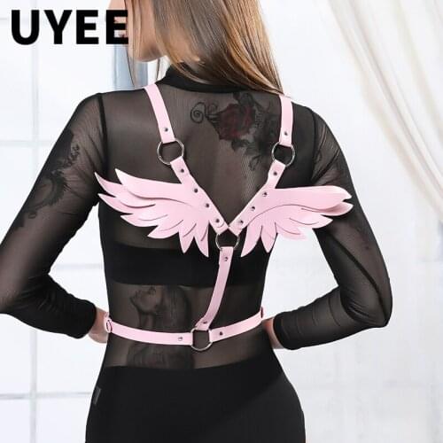 UYEE Goth Punk Wings Leopard Print Sexy Leather Garter Belt Harajuk Body Bondage Adjust Tops Dance Club Rave for Womens Gril