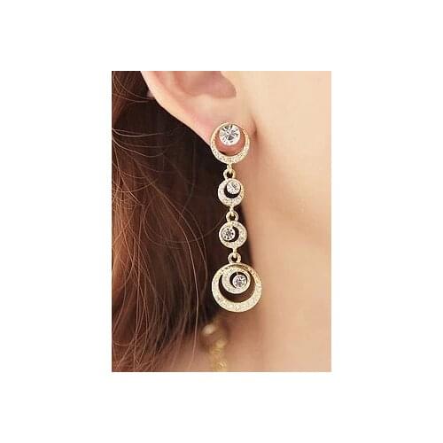 Gold Color Rhinestone Hollow Round Earrings Long Statement Ear Clip On Earrings No Pierced Ear Cuff Accessories Joyeria Mujer