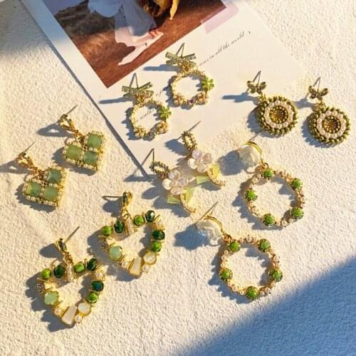 New Fashion Retro Summer Fresh Green Crystal Earrings Korean Ins Sweet Peach Heart Bow Rhinestone Earrings Vintage Dangler