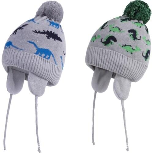 Toddler Baby Boys Cartoon Dinosaur Jacquard Beanie Winter Warm Knitted Hat Earflap Children Ear Protection Kids Gift H9EF