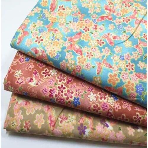 Pretty Blue Pink Brown Butterfly & Blooming Flowers 100% cotton twill handwork home decor quilting patchwork DIY chic fabric