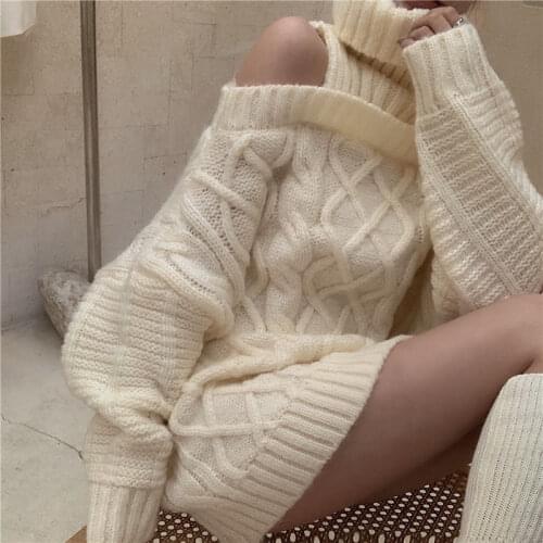 Japanese Sweet Girl High Collar Fashion Knitwear Sexy Strapless Buttocks Mid-length Vintage Puff Sleeve Sexy Women Sweater