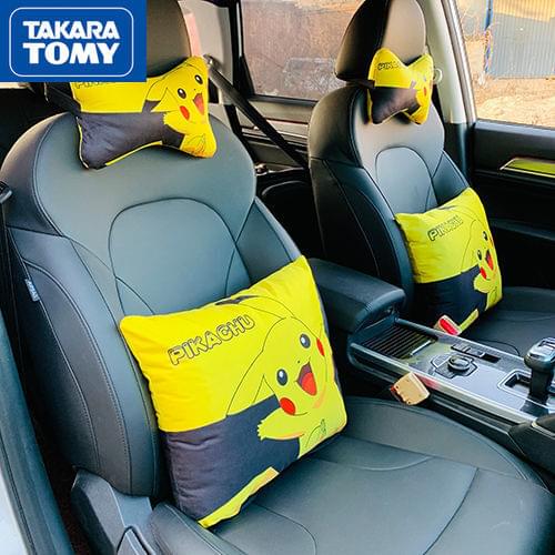 TAKARA TOMY Pokemon Pikachu Car Headrest Cartoon Personality Creative Cute Car Short Velvet Pikachu Neck Pillow Pair Set