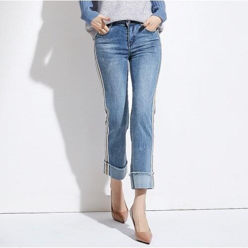 Spring new high quality Korean womens fashion casual wild high waist straight nine pants light blue jeans TB190227
