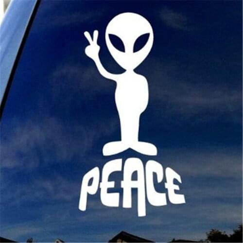 Alien Peace Cartoon 6" Tall White Vinyl Decal Sticker for Car Automobile Window Wall Laptop Notebook Such As Windows Bumpers