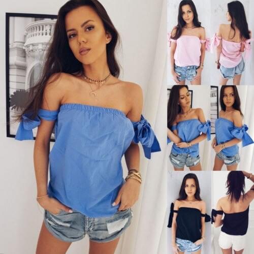 2018 New Fashion Hot Popular Summer Women Casual Chiffon Off Shoulder Slash Neck T Shirts Lady Loose Tops