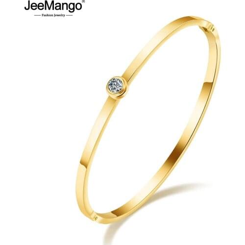 JeeMango Classic Cubic Zirconia Round Circle Bangles Bracelet For Women 3 Colors Stainless Steel OL Style Birthday Party JB18103