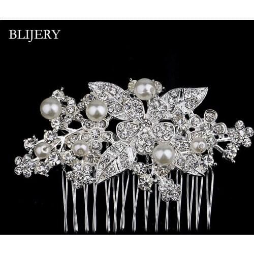 BLIJERY Elegant Pearls Crystal Wedding Hair Combs For Women Silver Color Flower Headpiece Hair Jewelry Bridal Hair Accessories