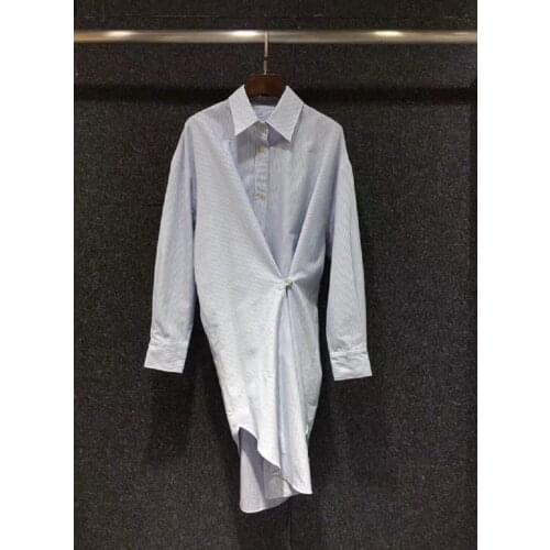 100%Cotton Striped Dress 2021 Autumn High Quality Casual Clothing Women Turn-down Collar Blue Striped Prints Long Shirt Dress