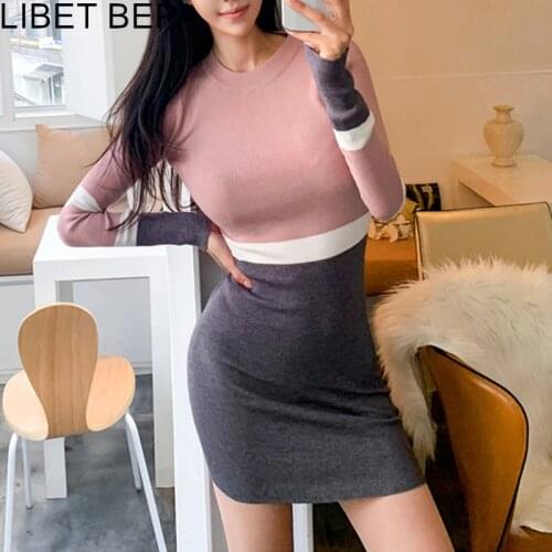 2021 New Autumn Women Dress Knitting Bottoming O-Neck Package Hip High Waist Dresses Patchwork Casual Fashion Slim Mini DR8084A