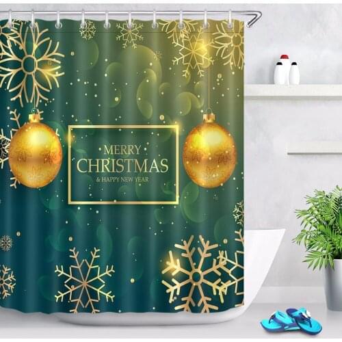 Golden Christmas Balls & Snowflakes Shower Curtain Luxury Extra Long Bathroom Waterproof Polyester Fabric for Home Bathtub Decor