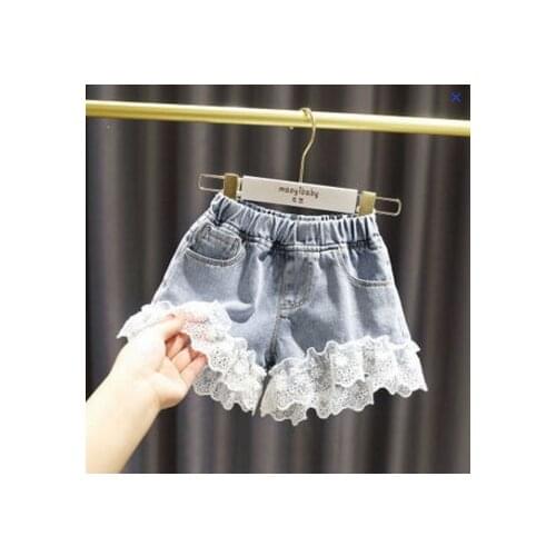 100-160 Cm Girls Fashion Jeans Shorts with Lace Hem Baby Kids Children Denim Shorts
