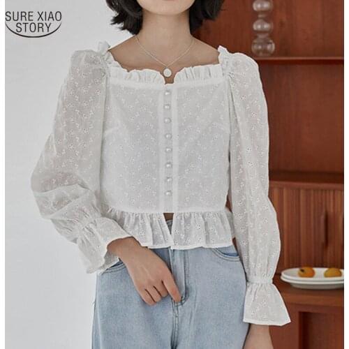 2021 One-shoulder White Blouse Autumn Hollow Lace Blouse Women All-match Solid Long-sleeved Bottoming Shirt Blusas Mujer 15779